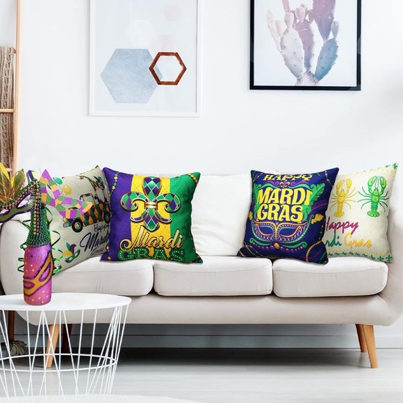NWOT Mardi Gras Pillow Covers 18x18 Set of 4 Happy Mardi Gras - Picture 3 of 6